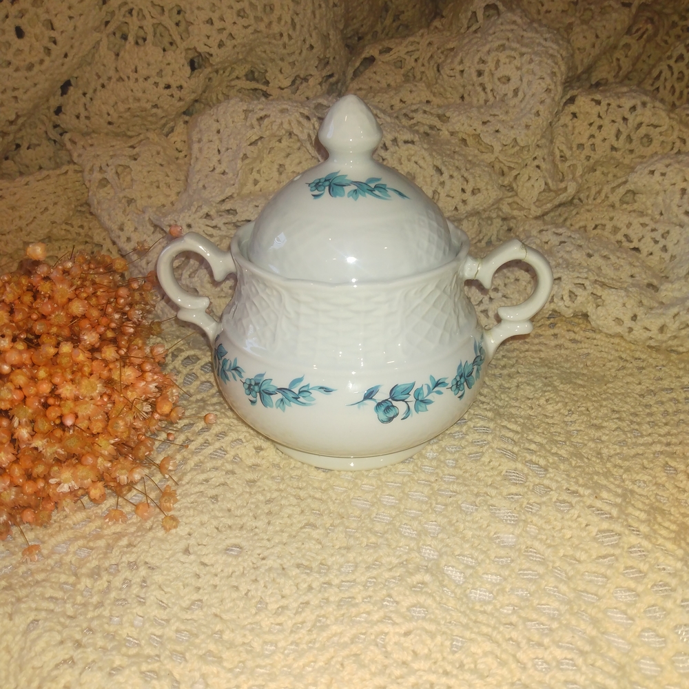 Vintage White and Teal Sugar Bowl